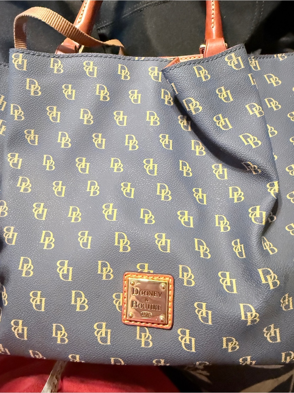 Dooney & Bourke Navy and Yellow Signature Tote with Tan Trim
